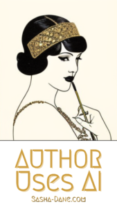 AI generated image of the upper body of a 1920s flapper holding a pen thoughtfully to her mouth.